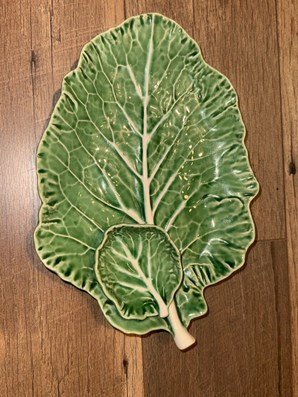 Vintage Cabbage Leaf Serving Platter w/ Attached Dip Bowl Majolica Style